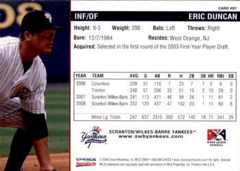 2009 Choice Scranton/Wilkes-Barre Yankees #7 Eric Duncan Back