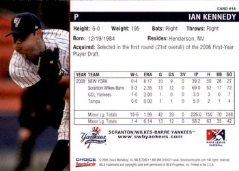 2009 Choice Scranton/Wilkes-Barre Yankees #14 Ian Kennedy Back