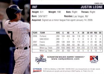 2009 Choice Scranton/Wilkes-Barre Yankees #16 Justin Leone Back