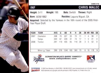 2009 Choice Scranton/Wilkes-Barre Yankees #18 Chris Malec Back