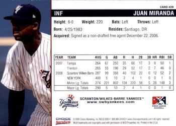 2009 Choice Scranton/Wilkes-Barre Yankees #20 Juan Miranda Back