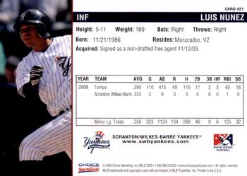 2009 Choice Scranton/Wilkes-Barre Yankees #21 Luis Nunez Back