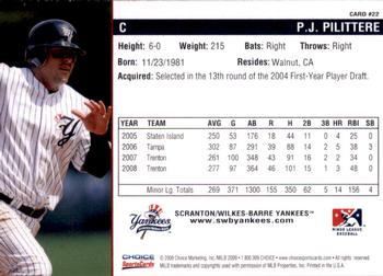 2009 Choice Scranton/Wilkes-Barre Yankees #22 P.J. Pilittere Back