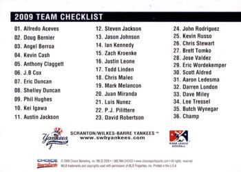 2009 Choice Scranton/Wilkes-Barre Yankees #NNO Team Card / Checklist Back