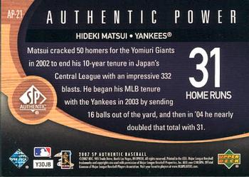 2007 SP Authentic - Authentic Power #AP-21 Hideki Matsui Back