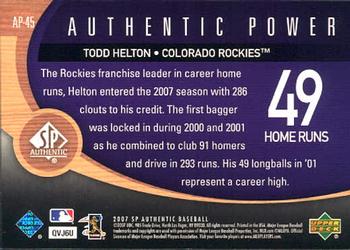 2007 SP Authentic - Authentic Power #AP-45 Todd Helton Back