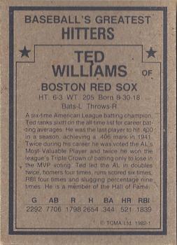 1982 TCMA Baseball's Greatest Hitters (Tan Back) #1 Ted Williams Back