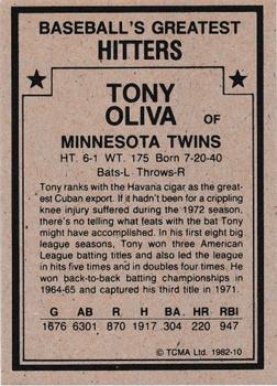 1982 TCMA Baseball's Greatest Hitters (Tan Back) #10 Tony Oliva Back