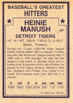 1982 TCMA Baseball's Greatest Hitters (Tan Back) #30 Heinie Manush Back