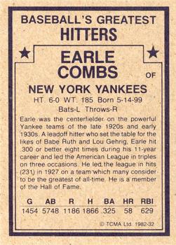 1982 TCMA Baseball's Greatest Hitters (Tan Back) #32 Earle Combs Back