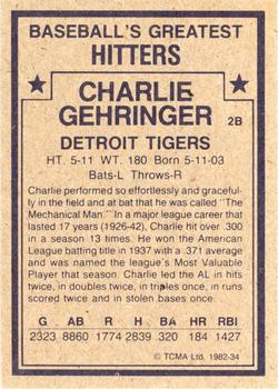 1982 TCMA Baseball's Greatest Hitters (Tan Back) #34 Charlie Gehringer Back