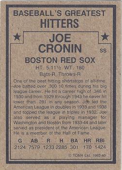 1982 TCMA Baseball's Greatest Hitters (Tan Back) #40 Joe Cronin Back