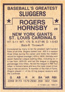 1982 TCMA Baseball's Greatest Sluggers (Tan Back) #21 Rogers Hornsby Back
