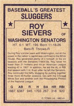 1982 TCMA Baseball's Greatest Sluggers (Tan Back) #41 Roy Sievers Back