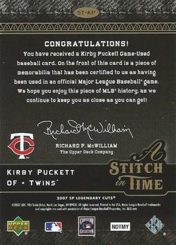 2007 SP Legendary Cuts - A Stitch in Time Memorabilia #ST-KP Kirby Puckett Back