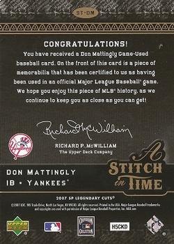 2007 SP Legendary Cuts - A Stitch in Time Memorabilia #ST-DM Don Mattingly Back