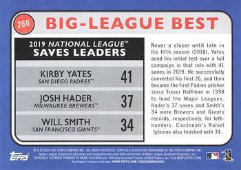 2020 Topps Big League #260 2019 National League Saves Leaders (Kirby Yates / Josh Hader / Will Smith) Back