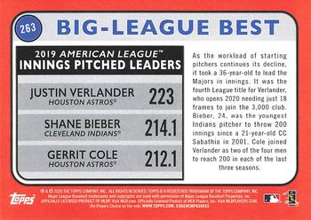 2020 Topps Big League #263 2019 American League Innings Pitched Leaders (Justin Verlander / Shane Bieber / Gerrit Cole) Back