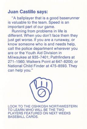 1987 Milwaukee Brewers Police - Oshkosh Police Department and The Oshkosh Noon Kiwanis #NNO Juan Castillo Back