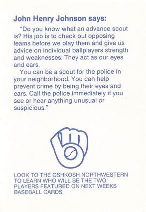 1987 Milwaukee Brewers Police - Oshkosh Police Department and The Oshkosh Noon Kiwanis #NNO John Henry Johnson Back