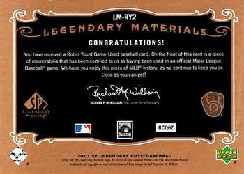 2007 SP Legendary Cuts - Legendary Materials Triple #LM-RY2 Robin Yount Back