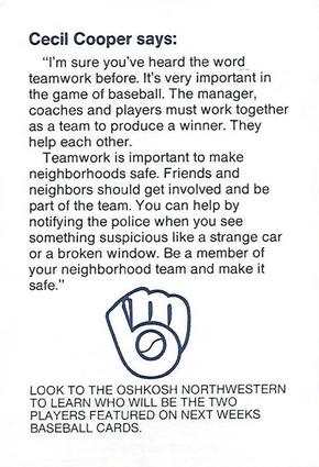 1987 Milwaukee Brewers Police - Oshkosh Police Department and The Oshkosh Northwestern #NNO Cecil Cooper Back