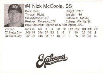 2009 Sioux City Explorers #NNO Nick McCoola Back