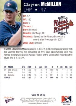 2009 MultiAd Rome Braves #16 Clayton McMillan Back