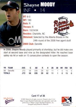 2009 MultiAd Rome Braves #17 Shayne Moody Back