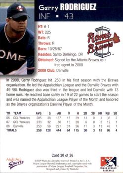 2009 MultiAd Rome Braves #20 Gerry Rodriguez Back