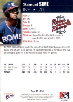 2009 MultiAd Rome Braves #25 Samuel Sime Back