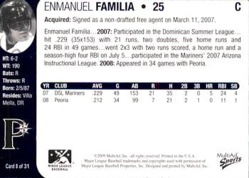 2009 MultiAd Pulaski Mariners #8 Emmanuel Familia Back