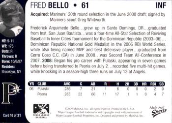 2009 MultiAd Pulaski Mariners #10 Fred Bello Back