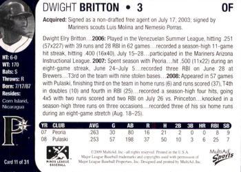 2009 MultiAd Pulaski Mariners #11 Dwight Britton Back