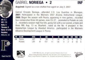 2009 MultiAd Pulaski Mariners #14 Gabriel Noriega Back
