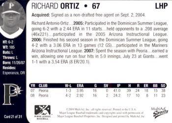 2009 MultiAd Pulaski Mariners #21 Richard Ortiz Back