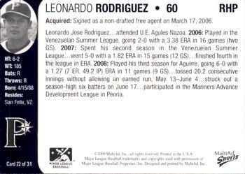 2009 MultiAd Pulaski Mariners #22 Leonardo Rodriguez Back