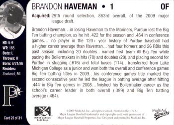 2009 MultiAd Pulaski Mariners #25 Brandon Haveman Back