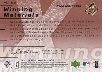2007 SPx - Winning Materials Bronze #WM-NM Nick Markakis Back