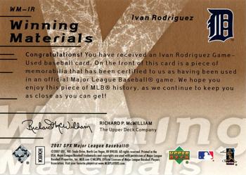 2007 SPx - Winning Materials 199 Gold #WM-IR Ivan Rodriguez Back