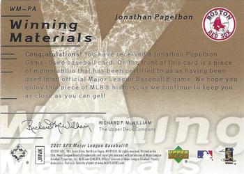 2007 SPx - Winning Materials 199 Gold #WM-PA Jonathan Papelbon Back