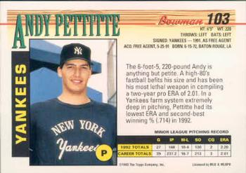 1993 Bowman #103 Andy Pettitte Back