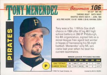 1993 Bowman #106 Tony Menendez Back