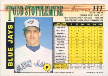 1993 Bowman #111 Todd Stottlemyre Back
