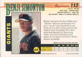 1993 Bowman #112 Benji Simonton Back