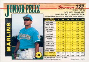 1993 Bowman #122 Junior Felix Back
