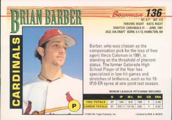 1993 Bowman #136 Brian Barber Back