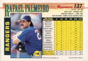 1993 Bowman #137 Rafael Palmeiro Back