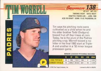 1993 Bowman #138 Tim Worrell Back