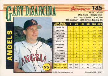 1993 Bowman #145 Gary DiSarcina Back